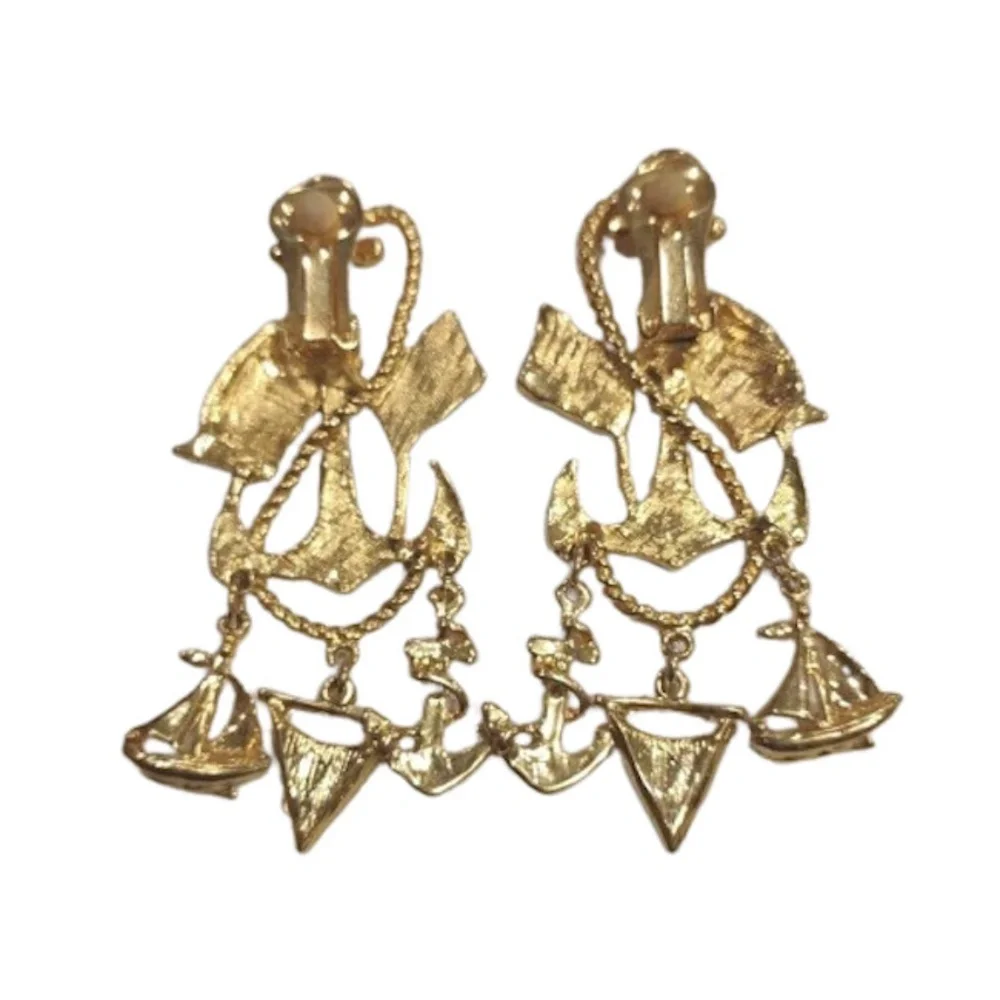 Vtg 80 Gold Tone Nautical Dangle Clip On Earrings - Picture 2 of 2